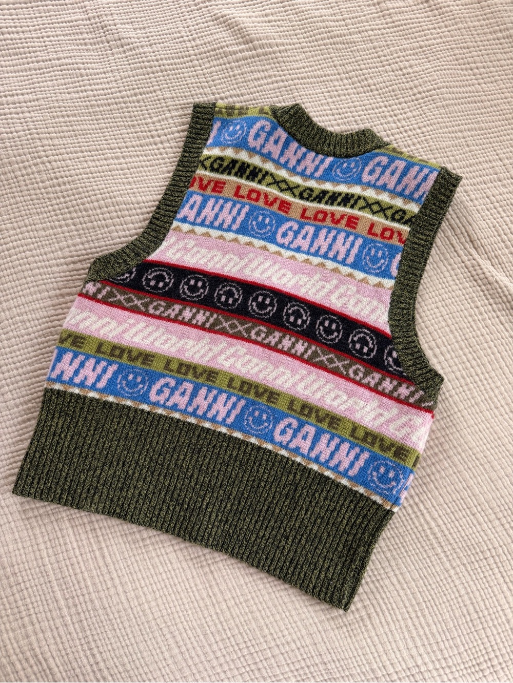 Ganni Olive Multicolor Knit Logo Vest - Picture 2 of 3